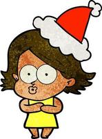 textured cartoon of a girl pouting wearing santa hat vector