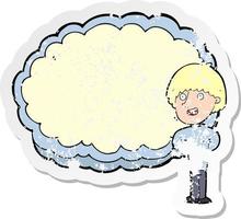 pegatina retro angustiada de un hombre feliz de dibujos animados con espacio de texto en la nube vector