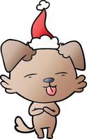 gradient cartoon of a dog sticking out tongue wearing santa hat vector