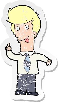 retro distressed sticker of a cartoon office man with crazy idea
