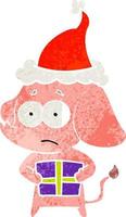 retro cartoon of a unsure elephant with christmas present wearing santa hat vector