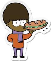 sticker of a nervous cartoon boy with sandwich vector