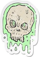pegatina retro angustiada de un cráneo viscoso de dibujos animados vector