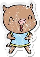 distressed sticker of a happy cartoon pig vector