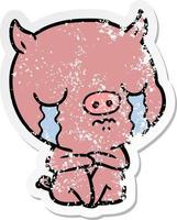 distressed sticker of a cartoon sitting pig crying vector