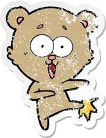 distressed sticker of a laughing teddy  bear cartoon vector