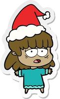 sticker cartoon of a tired woman wearing santa hat vector