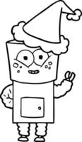 happy line drawing of a robot waving hello wearing santa hat vector