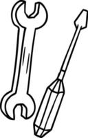 line drawing doodle of a spanner and a screwdriver vector