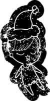 happy cartoon distressed icon of a girl wearing santa hat vector