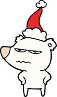 Dibujo de línea polar de oso enojado de un sombrero de Papá Noel que lleva puesto vector