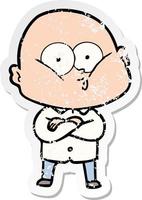 distressed sticker of a cartoon bald man staring vector