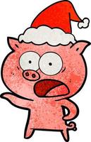caricatura texturizada de un cerdo gritando con sombrero de santa vector