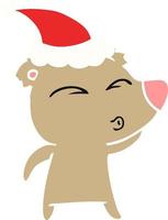 flat color illustration of a whistling bear wearing santa hat vector