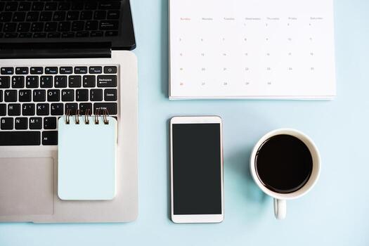 Empty screen smart phone and computer with travel items on color background with copy space, Vacation planning concept photo