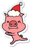 angry sticker cartoon of a pig wearing santa hat vector