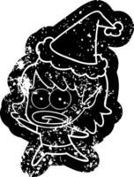 cartoon distressed icon of a shocked elf girl wearing santa hat vector