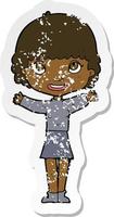 retro distressed sticker of a cartoon woman waving vector