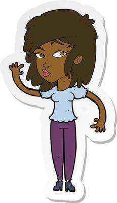 sticker of a cartoon pretty woman waving