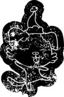 cartoon distressed icon of a dancing dog wearing santa hat vector