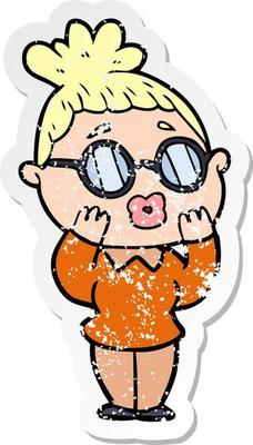 distressed sticker of a cartoon woman wearing spectacles