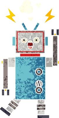 retro illustration style cartoon broken robot