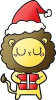 gradient cartoon of a lion with christmas present wearing santa hat vector