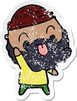 distressed sticker of a man with beard sticking out tongue vector