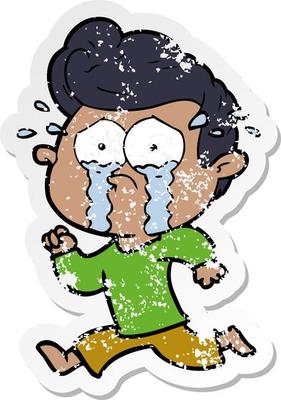 distressed sticker of a cartoon crying man running