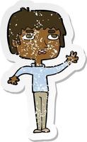 retro distressed sticker of a cartoton unhapy boy waving vector