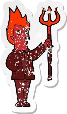 retro distressed sticker of a cartoon devil with pitchfork