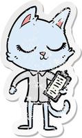 distressed sticker of a calm cartoon cat with clipboard vector