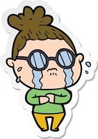 sticker of a cartoon crying woman wearing spectacles vector