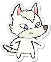 distressed sticker of a friendly cartoon wolf