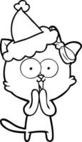 line drawing of a cat wearing santa hat vector
