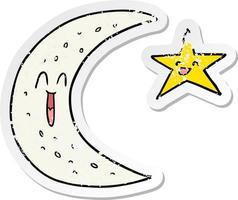 distressed sticker of a happy cartoon moon and star vector