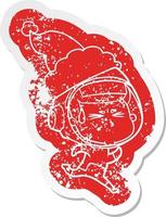 cartoon distressed sticker of a stressed astronaut wearing santa hat vector