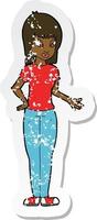 retro distressed sticker of a cartoon woman explaining vector