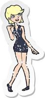 retro distressed sticker of a cartoon woman in cocktail dress vector