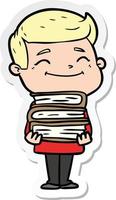 sticker of a happy cartoon man with stack of books vector