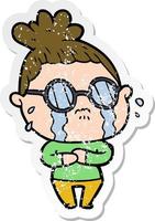 distressed sticker of a cartoon crying woman wearing spectacles vector