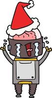 line drawing of a crying robot wearing santa hat vector