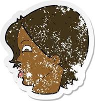 retro distressed sticker of a cartoon female face vector