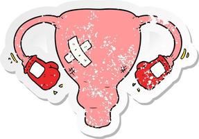 distressed sticker of a cartoon beat up uterus with boxing gloves vector