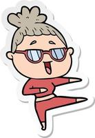 sticker of a cartoon happy woman wearing spectacles vector