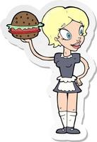 sticker of a cartoon waitress with burger vector