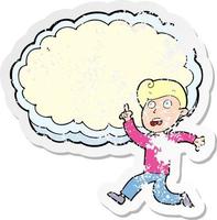 pegatina retro angustiada de un niño corriendo de dibujos animados y una nube vector