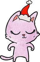 calm textured cartoon of a cat wearing santa hat vector