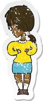 retro distressed sticker of a cartoon shy woman vector