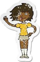 retro distressed sticker of a cartoon woman waving vector